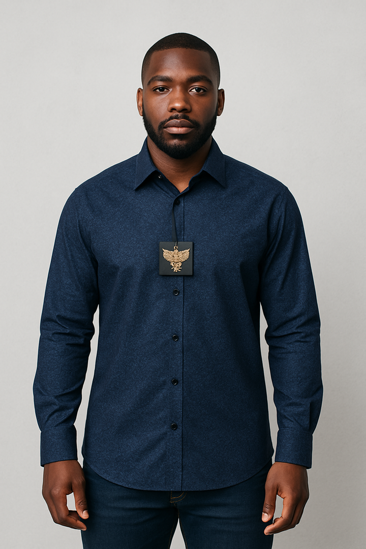Men’s Navy Textured Long-Sleeve Dress Shirt
