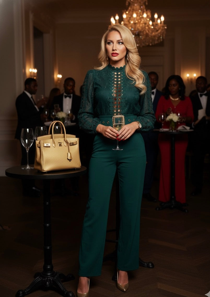 Emerald Green Lace-Detail Jumpsuit,