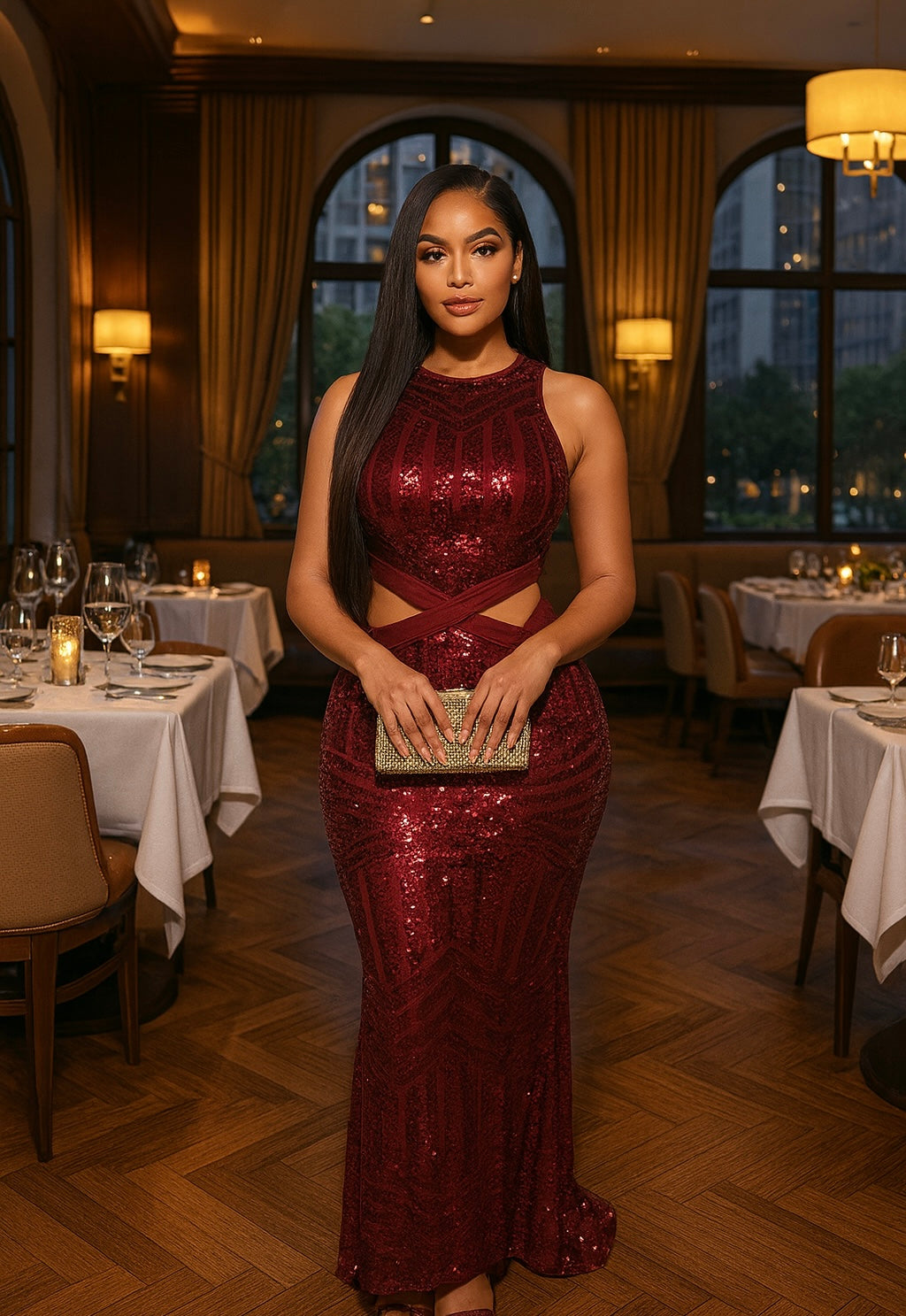 Shine in this burgundy sequin gown featuring waist cutouts and a curve-hugging fit. Elegant, glamorous, and perfect for red-carpet events or evening occasions.