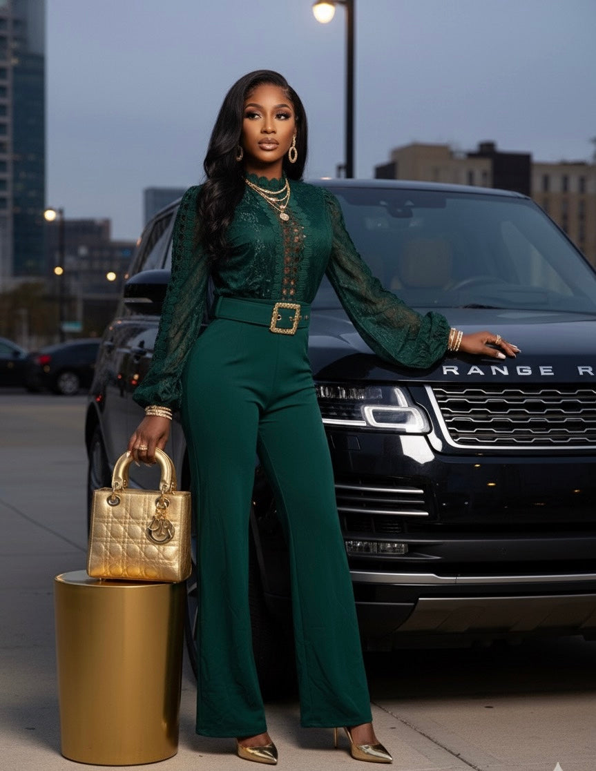 emerald green lace jumpsuit, wide leg jumpsuit, elegant women’s jumpsuit, gold buckle belt outfit, formal jumpsuit, long sleeve jumpsuit, holiday party outfit
