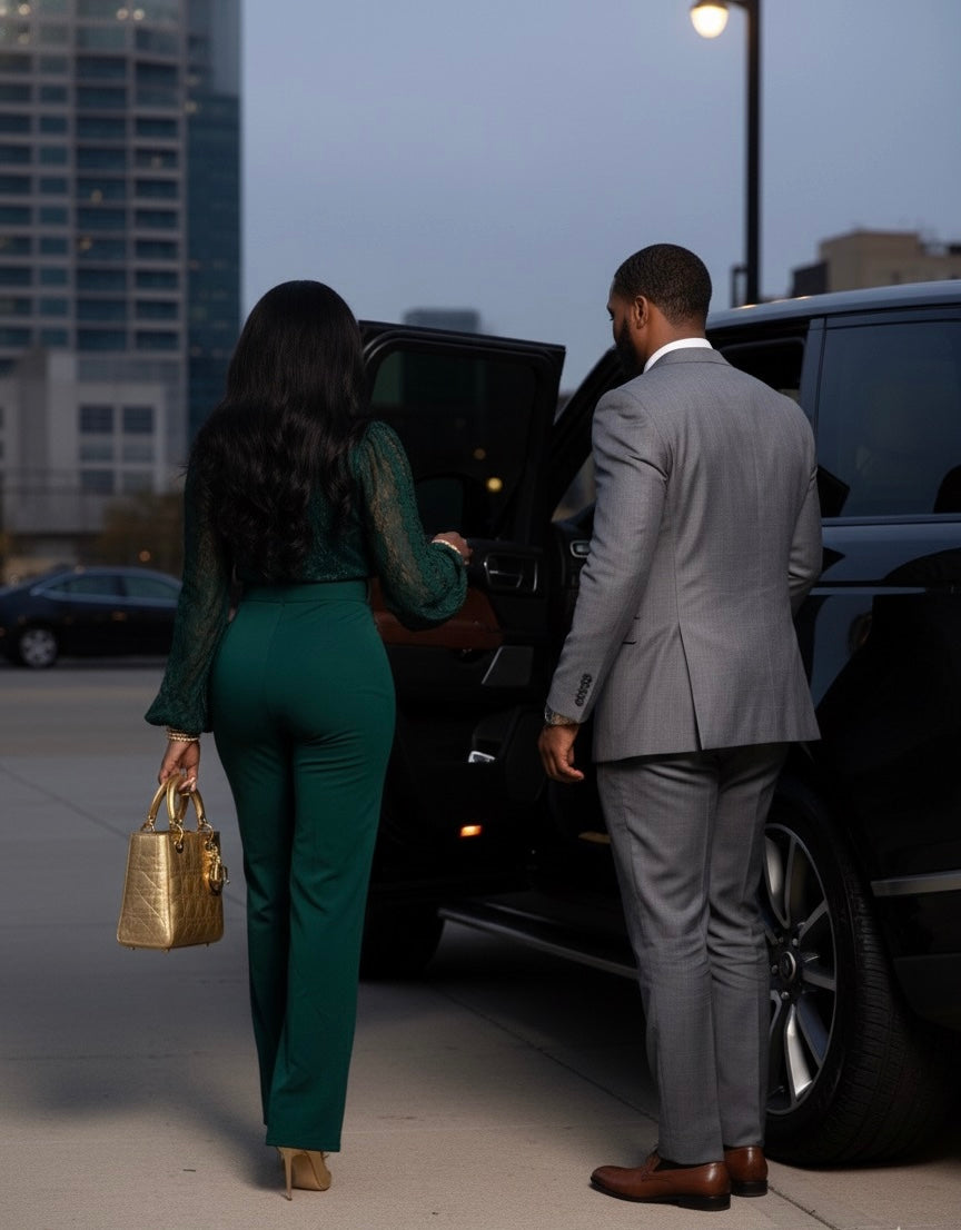 emerald green lace jumpsuit, wide leg jumpsuit, elegant women’s jumpsuit, gold buckle belt outfit, formal jumpsuit, long sleeve jumpsuit, holiday party outfit
