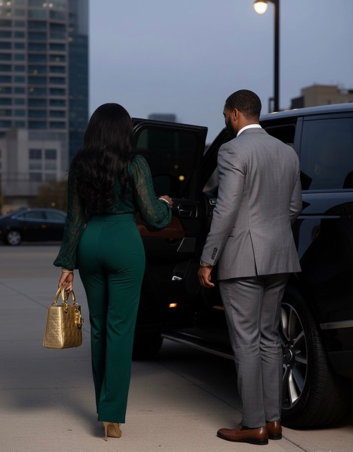 emerald green lace jumpsuit, wide leg jumpsuit, elegant women’s jumpsuit, gold buckle belt outfit, formal jumpsuit, long sleeve jumpsuit, holiday party outfit
