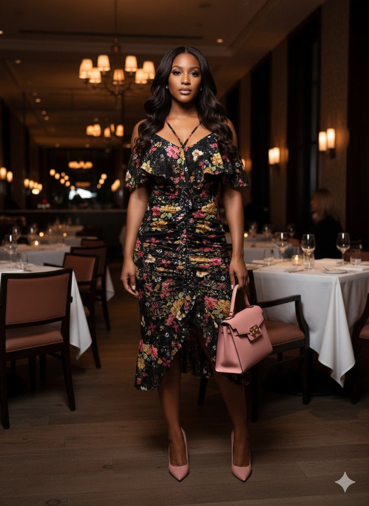 floral ruched midi dress