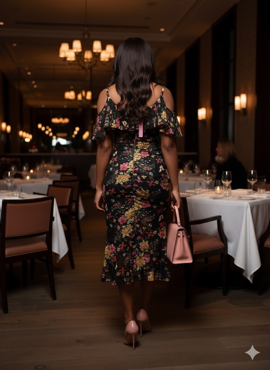 floral ruched midi dress
