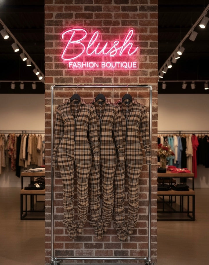 Women’s Camel Plaid Zip-Up Stacked Jumpsuit