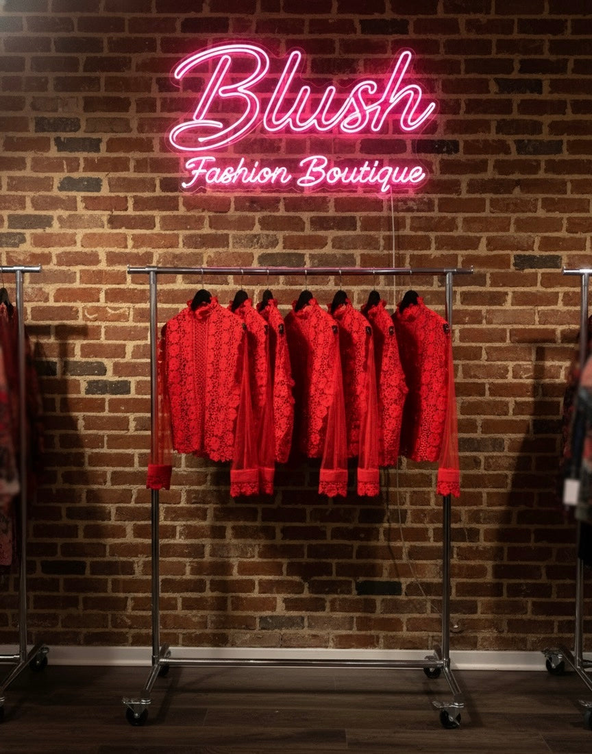 Red Lace Mesh Slim-Arms Blouse