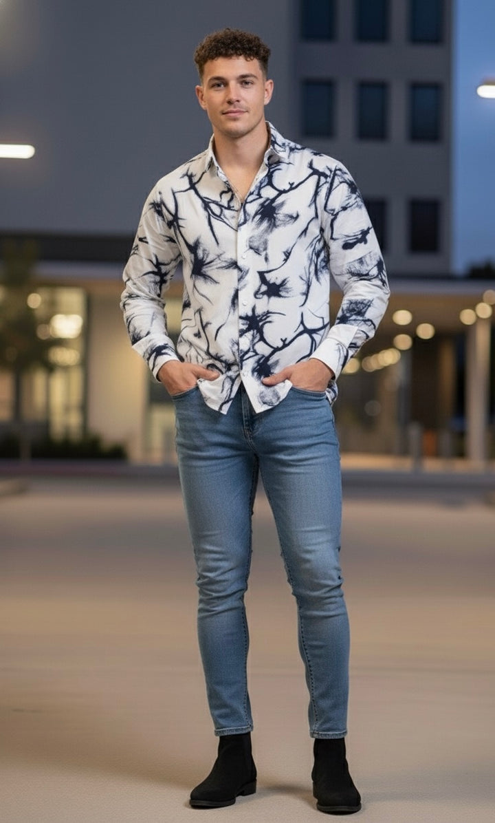 Navy & White Button-Up Shirt