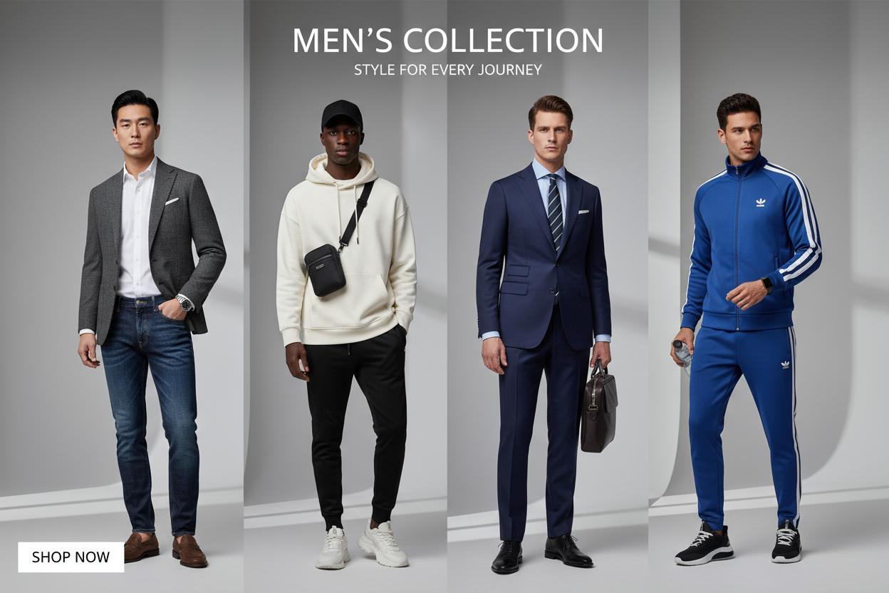 generate a banner for me for male section to sell male clothing, create it with 4 different men in different outfits one classy, one casual, one formal and do something with the other